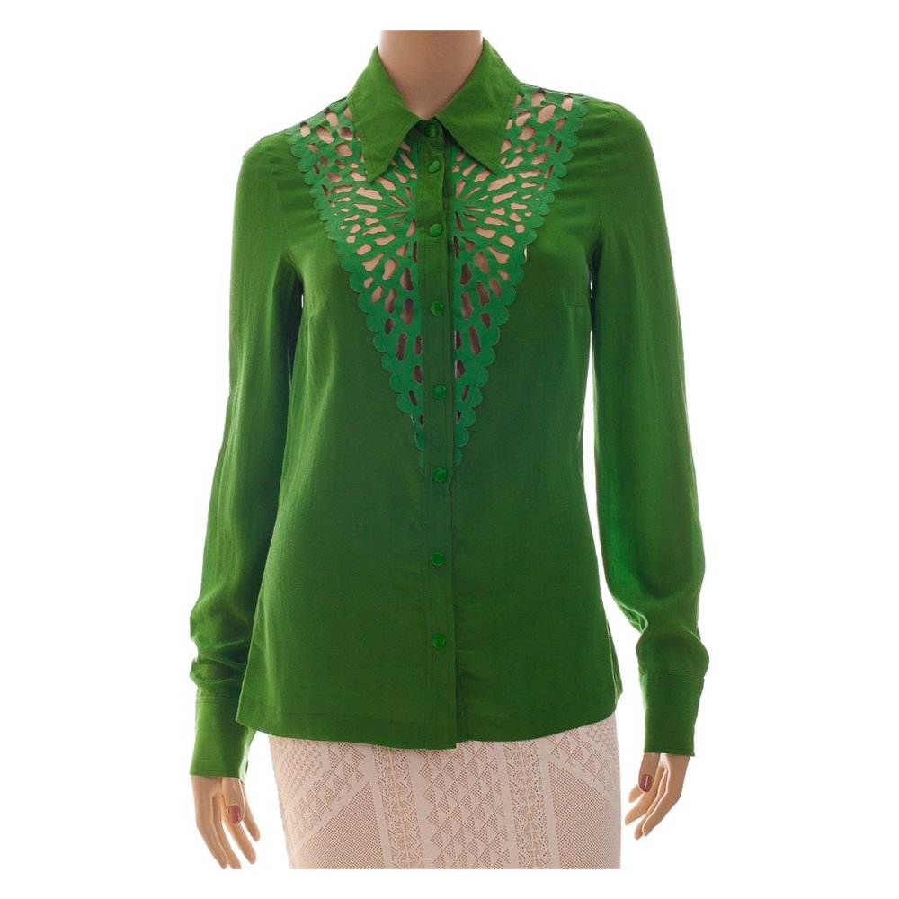 Tracy Reese Green Cutout Silk Button-Up Blouse